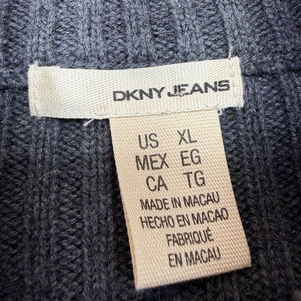 Y2K DKNY Jeans Womens XL Gray Ribbed Quarter Zip Pullover Sweater Logo Spellout - Picture 2 of 6